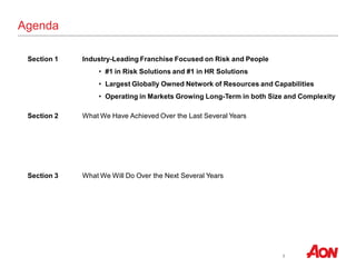 3
Agenda
Section 1 Industry-Leading Franchise Focused on Risk and People
• #1 in Risk Solutions and #1 in HR Solutions
• Largest Globally Owned Network of Resources and Capabilities
• Operating in Markets Growing Long-Term in both Size and Complexity
Section 2 What We Have Achieved Over the Last Several Years
Section 3 What We Will Do Over the Next Several Years
 