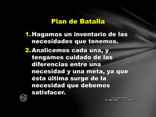 1.Hagamos un inventario de las
necesidades que tenemos.
2.Analicemos cada una, y
tengamos cuidado de las
diferencias entre una
necesidad y una meta, ya que
ésta última surge de la
necesidad que debemos
satisfacer.
Plan de Batalla
Dr. Gustavo Piñeiro
Cel. 0982 866342 – Tel. 021 66 00 70
 