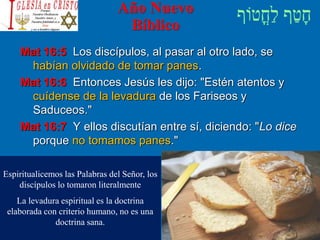 Año Nuevo
Bíblico
Mat 16:5 Los discípulos, al pasar al otro lado, se
habían olvidado de tomar panes.
Mat 16:6 Entonces Jesús les dijo: "Estén atentos y
cuídense de la levadura de los Fariseos y
Saduceos."
Mat 16:7 Y ellos discutían entre sí, diciendo: "Lo dice
porque no tomamos panes."
Espiritualicemos las Palabras del Señor, los
discípulos lo tomaron literalmente
La levadura espiritual es la doctrina
elaborada con criterio humano, no es una
doctrina sana.
 