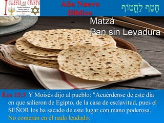Año Nuevo
Bíblico
Matzá
Pan sin Levadura
Éxo 13:3 Y Moisés dijo al pueblo: "Acuérdense de este día
en que salieron de Egipto, de la casa de esclavitud, pues el
SEÑOR los ha sacado de este lugar con mano poderosa.
No comerán en él nada leudado.
 