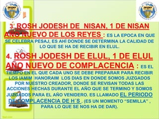 3. ROSH JODESH DE NISAN, 1 DE NISAN
AÑO NUEVO DE LOS REYES : ES LA EPOCA EN QUE
SE CELEBRA PESAJ, ES AHÍ DONDE SE DETERMINA LA CALIDAD DE
LO QUE SE HA DE RECIBIR EN ELUL.

4. ROSH JODESH DE ELUL, 1 DE ELUL
AÑO NUEVO DE COMPLACENCIA : ES EL
TIEMPO EN EL QUE CADA UNO SE DEBE PREPARAR PARA RECIBIR
LOS IAMIM HANORAIM LOS DIAS EN DONDE SOMOS JUZGADOS
POR NUESTRO CREADOR, DONDE SE REVISAN TODAS LAS
ACCIONES HECHAS DURANTE EL AÑO QUE SE TERMINO Y SOMOS
JUZGADOS PARA EL AÑO VENIDERO. ES LLAMADO EL PERIODO
DE COMPLACENCIA DE H´S . (ES UN MOMENTO “SEMILLA” ,
PARA LO QUE SE NOS HA DE DAR).

 