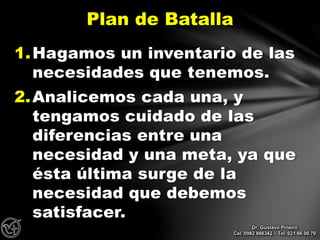 1.Hagamos un inventario de las
necesidades que tenemos.
2.Analicemos cada una, y
tengamos cuidado de las
diferencias entre una
necesidad y una meta, ya que
ésta última surge de la
necesidad que debemos
satisfacer.
Plan de Batalla
Dr. Gustavo Piñeiro
Cel. 0982 866342 – Tel. 021 66 00 70
 