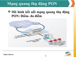 Mạng quang thụ động PON
 Mô hình kết nối mạng quang thụ động
PON: Điểm- đa điểm

Viettel Telecom

6

 