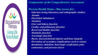 Components of the Comprehensive Assessment
Present Health Status -May assess for:
- Infection (using laboratory and radiographic studies)
- Anemia
- Electrolyte imbalances
- Nutrition
- Liver and kidney function
- Cardiac and pulmonary function
- Bowel and bladder function
- Metabolic function
- Neurologic function
- Burns, musculoskeletal injuries and bone integrity
- Prevention of secondary complications such as venous
thrombosis, embolism, heterotopic ossification, joint
contracture, and pressure ulcers
 