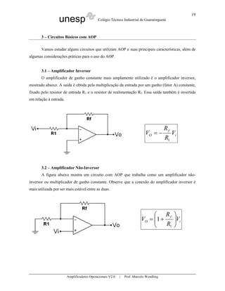 19
                  unesp                     Colégio Técnico Industrial de Guaratinguetá



       3 – Circuitos Básicos com AOP

       Vamos estudar alguns circuitos que utilizam AOP e suas principais características, além de
algumas considerações práticas para o uso do AOP.


       3.1 – Amplificador Inversor
       O amplificador de ganho constante mais amplamente utilizado é o amplificador inversor,
mostrado abaixo. A saída é obtida pela multiplicação da entrada por um ganho (fator A) constante,
fixado pelo resistor de entrada R1 e o resistor de realimentação Rf. Essa saída também é invertida
em relação à entrada.




                                                                                        Rf
                                                                            VO = −           Vi
                                                                                        R1



       3.2 – Amplificador Não-Inversor
       A figura abaixo mostra um circuito com AOP que trabalha como um amplificador não-
inversor ou multiplicador de ganho constante. Observe que a conexão do amplificador inversor é
mais utilizada por ser mais estável entre as duas.




                                                                               R 
                                                                         VO = 1 + f Vi
                                                                              
                                                                                 R1 
                                                                                     




                        Amplificadores Operacionais V2.0   |   Prof. Marcelo Wendling
 