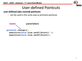 User-defined Pointcuts
55
user-defined (aka named) pointcuts
– can be used in the same way as primitive pointcuts
pointcut change():
execution(void Line.setP1(Point)) ||
execution(void Line.setP2(Point));
name parameters
SEIV – AOD – AspectJ – 1st Join Point Model
 
