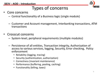• Core concerns
– Central functionality of a Business logic (single module)
– Customer and Account management, Interbanking transactions, ATM
transactions
• Crosscut concerns
– System-level, peripheral requirements (multiple modules)
– Persistence of all entities, Transaction integrity, Authorization of
access to various services, logging, Security, Error checking, Policy
enforcement
• Reliability (logging, tracing)
• Security (authentication, authorization)
• Correctness (invariant maintenance)
• Performance (buffering, pooling, caching)
• Functionality (billing, taxes)
SEIV – AOD – Introduction
6
Types of concerns
 