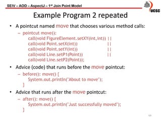 Example Program 2 repeated
• A pointcut named move that chooses various method calls:
– pointcut move():
call(void FigureElement.setXY(int,int)) ||
call(void Point.setX(int)) ||
call(void Point.setY(int)) ||
call(void Line.setP1(Point)) ||
call(void Line.setP2(Point));
• Advice (code) that runs before the move pointcut:
– before(): move() {
System.out.println("About to move");
}
• Advice that runs after the move pointcut:
– after(): move() {
System.out.println("Just successfully moved");
}
64
SEIV – AOD – AspectJ – 1st Join Point Model
 