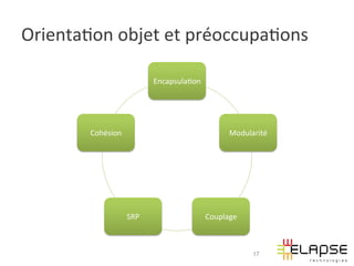 Orienta2on	
  objet	
  et	
  préoccupa2ons	
  

                                   Encapsula2on	
  




          Cohésion	
                                          Modularité	
  




                         SRP	
                        Couplage	
  



                                                                      17
 