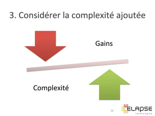 3.	
  Considérer	
  la	
  complexité	
  ajoutée	
  

                               Gains	
  




        Complexité	
  

                                      34
 