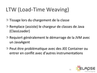 LTW	
  (Load-­‐Time	
  Weaving)	
  
!   Tissage	
  lors	
  du	
  chargement	
  de	
  la	
  classe	
  
!   Remplace	
  (assiste)	
  le	
  chargeur	
  de	
  classes	
  de	
  Java	
  
    (ClassLoader)	
  
!   Requiert	
  généralement	
  le	
  démarrage	
  de	
  la	
  JVM	
  avec	
  
    un	
  JavaAgent	
  
!   Peut	
  être	
  probléma2que	
  avec	
  des	
  JEE	
  Container	
  ou	
  
    entrer	
  en	
  conﬂit	
  avec	
  d’autres	
  instrumenta2ons	
  



                                                                70
 