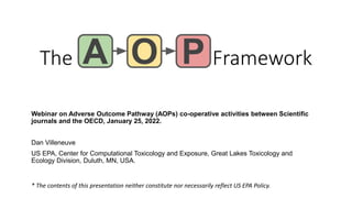 The Framework
Webinar on Adverse Outcome Pathway (AOPs) co-operative activities between Scientific
journals and the OECD, January 25, 2022.
Dan Villeneuve
US EPA, Center for Computational Toxicology and Exposure, Great Lakes Toxicology and
Ecology Division, Duluth, MN, USA.
* The contents of this presentation neither constitute nor necessarily reflect US EPA Policy.
 