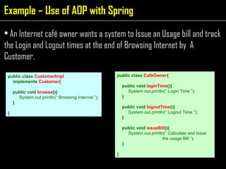 public class  CustomerImpl   implements  Customer { public void  browse (){ System.out.println(“ Browsing Internet ”); } } public class  CafeOwner { public void  loginTime (){ System.out.println(“ Login Time ”); } public void  logoutTime (){ System.out.println(“ Logout Time ”); } public void  issueBill (){ System.out.println(“ Calculate and issue  the usage Bill ”); } } An Internet café owner wants a system to Issue an Usage bill and track the Login and Logout times at the end of Browsing Internet by  A Customer. Example – Use of AOP with Spring 