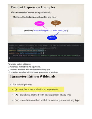 Parameter pattern wildcards:
(): matches a method with no arguments.
() : matches a method with one argument of any type.
(..) : matches a method with 0 or more argumenets of any type.
 