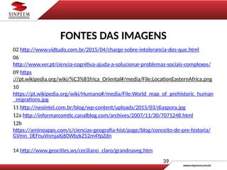 FONTES DAS IMAGENS
02 http://www.vidtudo.com.br/2015/04/charge-sobre-intolerancia-dos-que.html
06
http://www.ver.pt/ciencia-cognitiva-ajuda-a-solucionar-problemas-sociais-complexos/
09 https
://pt.wikipedia.org/wiki/%C3%81frica_Oriental#/media/File:LocationEasternAfrica.png
10
https://pt.wikipedia.org/wiki/Humano#/media/File:World_map_of_prehistoric_human
_migrations.jpg
11 http://neointel.com.br/blog/wp-content/uploads/2015/03/diaspora.jpg
12a http://informarcomtic.canalblog.com/archives/2007/11/30/7071248.html
12b
https://aminoapps.com/c/ciencias-geografia-hist/page/blog/conceito-de-pre-historia/
GVmn_0EFnuVnmjaXj60WbzkZ52m4YpZdn
14 http://www.geocities.ws/ceciliano_claro/grandnaveg.htm
39
 