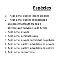 EspéciesAção penal pública incondicionadaAção penal pública condicionada   a) representação do ofendido   b) requisição do Ministro da Justiça3. Ação penal privada4. Ação penal personalíssima5. Ação penal privada subsidiária da pública6. Ação penal pública subsidiária da privada 7. Ação penal pública subsidiária da pública8. Ação penal concorrente