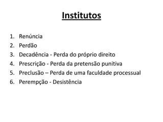 InstitutosRenúnciaPerdãoDecadência - Perda do próprio direitoPrescrição - Perda da pretensão punitivaPreclusão – Perda de uma faculdade processualPerempção - Desistência