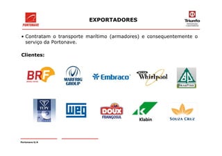 • Contratam o transporte marítimo (armadores) e consequentemente o
serviço da Portonave.
Clientes:
EXPORTADORES
Portonave S/A
 