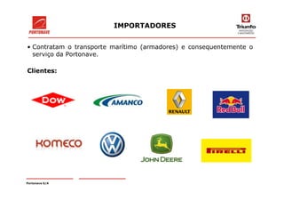 • Contratam o transporte marítimo (armadores) e consequentemente o
serviço da Portonave.
Clientes:
IMPORTADORES
Portonave S/A
 