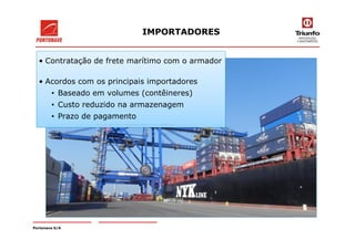 • Contratação de frete marítimo com o armador
• Acordos com os principais importadores
• Baseado em volumes (contêineres)
• Custo reduzido na armazenagem
• Prazo de pagamento
IMPORTADORES
Portonave S/A
 