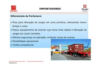 Diferenciais da Portonave:
• Área para liberação de cargas em zona primária, oferecendo menor
tempo e custo
• Possui equipamento de scanner que torna mais rápida a liberação de
cargas em canal vermelho
IMPORTADORES
cargas em canal vermelho
• Oferece segurança na operação, evitando riscos de avarias
• Flexibilidade operacional
• Tarifas competitivas
Portonave S/A
 