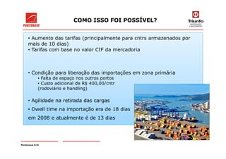 • Aumento das tarifas (principalmente para cntrs armazenados por
mais de 10 dias)
• Tarifas com base no valor CIF da mercadoria
• Condição para liberação das importações em zona primária
• Falta de espaço nos outros portos
COMO ISSO FOI POSSÍVEL?
Portonave S/A
• Falta de espaço nos outros portos
• Custo adicional de R$ 400,00/cntr
(rodoviário e handling)
• Agilidade na retirada das cargas
• Dwell time na importação era de 18 dias
em 2008 e atualmente é de 13 dias
 