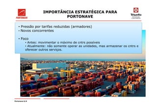 IMPORTÂNCIA ESTRATÉGICA PARA
PORTONAVE
• Pressão por tarifas reduzidas (armadores)
• Novos concorrentes
• Foco
• Antes: movimentar o máximo de cntrs possíveis
• Atualmente: não somente operar as unidades, mas armazenar os cntrs e
oferecer outros serviços.
Portonave S/A
 