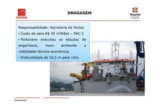 DRAGAGEM
Responsabilidade: Secretaria de Portos
• Custo da obra R$ 55 milhões – PAC 2
• Portonave executou os estudos de
engenharia, meio ambiente e
viabilidade técnica-econômica.
Portonave S/A
• Profundidade de 10,5 m para 14m.
 