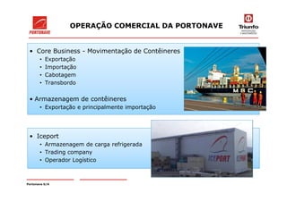 OPERAÇÃO COMERCIAL DA PORTONAVE
• Core Business - Movimentação de Contêineres
• Exportação
• Importação
• Cabotagem
• Transbordo
• Armazenagem de contêineres
Portonave S/A
• Armazenagem de contêineres
• Exportação e principalmente importação
• Iceport
• Armazenagem de carga refrigerada
• Trading company
• Operador Logístico
 