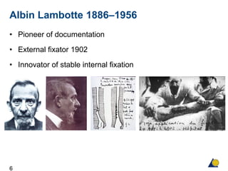 6
Albin Lambotte 1886–1956
• Pioneer of documentation
• External fixator 1902
• Innovator of stable internal fixation
 