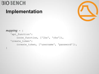 Implementation


mapping   = {
    'api_function':
        (core_function, ['lhs', 'rhs']),
    'create_token':
        (create_token, ['username', 'password']),
}
 