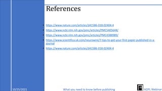 References
• https://www.nature.com/articles/d41586-018-02404-4
• https://www.ncbi.nlm.nih.gov/pmc/articles/PMC5405644/
• https://www.ncbi.nlm.nih.gov/pmc/articles/PMC4388989/
• https://www.scientifica.uk.com/neurowire/7-tips-to-get-your-first-paper-published-in-a-
journal
• https://www.nature.com/articles/d41586-018-02404-4
10/25/2021 What you need to know before publishing AOPL Webinar
 