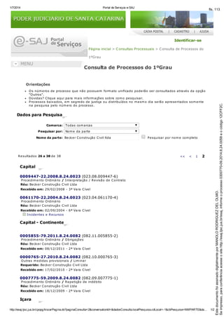 1/7/2014 Portal de Serviços e-SAJ
http://esaj.tjsc.jus.br/cpopg/trocarPagina.do?paginaConsulta=2&conversationId=&dadosConsulta.localPesquisa.cdLocal=-1&cbPesquisa=NMPARTE&da… 1/2
Identificar-se
Página inicial > Consultas Processuais > Consulta de Processos do
1ºGrau
Consulta de Processos do 1ºGrau
Orientações
Os números de processo que não possuem formato unificado poderão ser consultados através da opção
"Outros".
Dúvidas? Clique aqui para mais informações sobre como pesquisar.
Processos baixados, em segredo de justiça ou distribuídos no mesmo dia serão apresentados somente
na pesquisa pelo número do processo.
Dados para Pesquisa
Comarca: Todas comarcas
Pesquisar por: Nome da parte
Nome da parte: Becker Construção Civil ltda Pesquisar por nome completo
Resultados 26 a 38 de 38 << < 1 2
Capital
0009447-22.2008.8.24.0023 (023.08.009447-6)
Procedimento Ordinário / Interpretação / Revisão de Contrato
Réu: Becker Construção Civil Ltda
Recebido em: 29/02/2008 - 3ª Vara Cível
0061170-22.2004.8.24.0023 (023.04.061170-4)
Procedimento Ordinário
Réu: Becker Construção Civil Ltda
Recebido em: 02/09/2004 - 6ª Vara Cível
Incidentes e Recursos
Capital - Continente
0005855-79.2011.8.24.0082 (082.11.005855-2)
Procedimento Ordinário / Obrigações
Réu: Becker Construção Civil Ltda
Recebido em: 08/12/2011 - 2ª Vara Cível
0000765-27.2010.8.24.0082 (082.10.000765-3)
Outras medidas provisionais / Liminar
Requerido: Becker Construção Civil Ltda
Recebido em: 17/02/2010 - 2ª Vara Cível
0007775-59.2009.8.24.0082 (082.09.007775-1)
Procedimento Ordinário / Repetição de indébito
Réu: Becker Construção Civil Ltda
Recebido em: 18/12/2009 - 2ª Vara Cível
Içara
Seimpresso,paraconferênciaacesseositehttp://esaj.tjsc.jus.br/esaj,informeoprocesso0300770-09.2014.8.24.0058eocódigo12CFF2C.
EstedocumentofoiassinadodigitalmenteporMANOLORODRIGUEZDELOLMO.
fls. 113
 
