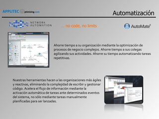 …  no code, no limits Ahorre tiempo a su organización mediante la optimización de procesos de negocio complejos. Ahorre tiempo a sus colegas agilizando sus actividades. Ahorre su tiempo automatizando tareas repetitivas. Nuestras herramientas hacen a las organizaciones más ágiles y reactivas, eliminando la complejidad de escribir y gestionar código. Acelera el flujo de información mediante la activación automática de tareas ante determinados eventos del sistema, no sólo mediante tareas manualmente planificadas para ser lanzadas. Automatización 