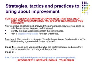 Strategies, tactics and practices to bring about improvement YOU MUST DESIGN A MINIMUM OF  3  PRACTICES THAT WILL HELP YOUR PERFORMER IMPROVE THE SPECIFIC WEAKNESSES YOU OBSERVED.   Now you have observed and analysed the performance, how are you going to help the performer improve performance? Identify the main weaknesses from the performance. Plan a  progressive practice  for each weakness.  Practice 1 :  This practice is designed to help the performer bowl a valid bowl i.e. within batting square below batter shoulders.   Stage 1 : …(make sure you describe what the performer must do before they can move on to the next stage of the practice).  Stage 2 :… N.B. You can include diagrams of the practice you have planned.   RESOURCES?!! INTERNET..BOOKS…YOUR BRAIN 