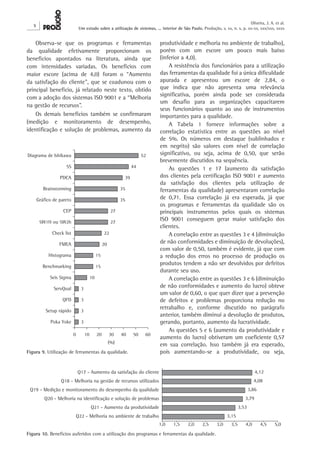 X 
Oliveira, J. A. et al. 
Um estudo sobre a utilização de sistemas, ... interior de São Paulo. Produção, v. xx, n. x, p. xx-xx, xxx/xxx, xxxx 
produtividade e melhoria no ambiente de trabalho), 
porém com um escore um pouco mais baixo 
(inferior a 4,0). 
A resistência dos funcionários para a utilização 
das ferramentas da qualidade foi a única dificuldade 
apurada e apresentou um escore de 2,84, o 
que indica que não apresenta uma relevância 
significativa, porém ainda pode ser considerada 
um desafio para as organizações capacitarem 
seus funcionários quanto ao uso de instrumentos 
importantes para a qualidade. 
A Tabela 1 fornece informações sobre a 
correlação estatística entre as questões ao nível 
de 5%. Os números em destaque (sublinhados e 
em negrito) são valores com nível de correlação 
significativo, ou seja, acima de 0,50, que serão 
brevemente discutidos na sequência. 
As questões 1 e 17 (aumento da satisfação 
dos clientes pela certificação ISO 9001 e aumento 
da satisfação dos clientes pela utilização de 
ferramentas da qualidade) apresentaram correlação 
de 0,71. Essa correlação já era esperada, já que 
os programas e ferramentas da qualidade são os 
principais instrumentos pelos quais os sistemas 
ISO 9001 conseguem gerar maior satisfação dos 
clientes. 
A correlação entre as questões 3 e 4 (diminuição 
de não conformidades e diminuição de devoluções), 
com valor de 0,50, também é evidente, já que com 
a redução dos erros no processo de produção os 
produtos tendem a não ser devolvidos por defeitos 
durante seu uso. 
A correlação entre as questões 3 e 6 (diminuição 
de não conformidades e aumento do lucro) obteve 
um valor de 0,60, o que quer dizer que a prevenção 
de defeitos e problemas proporciona redução no 
retrabalho e, conforme discutido no parágrafo 
anterior, também diminui a devolução de produtos, 
gerando, portanto, aumento da lucratividade. 
As questões 5 e 6 (aumento da produtividade e 
aumento do lucro) obtiveram um coeficiente 0,57 
em sua correlação. Isso também já era esperado, 
pois aumentando-se a produtividade, ou seja, 
Figura 10. Benefícios auferidos com a utilização dos programas e ferramentas da qualidade. 
Observa-se que os programas e ferramentas 
da qualidade efetivamente proporcionam os 
benefícios apontados na literatura, ainda que 
com intensidades variadas. Os benefícios com 
maior escore (acima de 4,0) foram o “Aumento 
da satisfação do cliente”, que se coadunou com o 
principal benefício, já relatado neste texto, obtido 
com a adoção dos sistemas ISO 9001 e a “Melhoria 
na gestão de recursos”. 
Os demais benefícios também se confirmaram 
(medição e monitoramento de desempenho, 
identificação e solução de problemas, aumento da 
Figura 9. Utilização de ferramentas da qualidade. 
 
