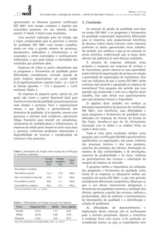 X 
Oliveira, J. A. et al. 
Um estudo sobre a utilização de sistemas, ... interior de São Paulo. Produção, v. xx, n. x, p. xx-xx, xxx/xxx, xxxx 
7. Conclusão 
Os sistemas de gestão da qualidade com base 
na norma ISO 9001 e os programas e ferramentas 
da qualidade representam importantes diferenciais 
para as empresas, pois proporcionam benefícios 
de diversas ordens (tanto internos como externos) 
conforme os dados apresentados neste trabalho. 
Na verdade, isto ratificou o que já era relatado na 
teoria científica, evidenciando que as bases deste 
sistema são aplicáveis às mais diversas realidades. 
A amostra de empresas utilizadas nesta 
pesquisa é composta por empresas de serviços e 
de manufatura, porém observa-se uma quantidade 
muito inferior de organizações de serviços em relação 
à quantidade de organizações de manufatura. Será 
este um indicativo de que a norma ISO 9001 ainda 
continua mais atraente e apropriada às empresas de 
manufatura? Esta pesquisa não permite que essa 
questão seja esclarecida, e nem era o objetivo deste 
trabalho, mas cabe deixar esse questionamento 
para que pesquisas futuras o respondam. 
O objetivo deste trabalho era verificar as 
principais características do processo de certificação 
ISO 9001, seus benefícios, suas dificuldades e 
quais programas e ferramentas da qualidade eram 
utilizados em empresas do interior do Estado de 
São Paulo. Acredita-se que ele foi efetivamente 
alcançado com os dados e as análises feitas na 
seção 6 deste texto. 
Pode-se citar, pelos resultados obtidos nesta 
pesquisa, que a certificação ISO 9001 gera benefícios 
significativos às organizações, tais como: melhoria 
dos processos internos e dos seus produtos, 
aumento da satisfação dos clientes, diminuição do 
número de não conformidades e de devoluções, 
aumento da produtividade e do lucro, melhoria 
no gerenciamento dos recursos e valorização da 
imagem da empresa no mercado. 
A pesquisa ratifica a importância da utilização 
dos programas e ferramentas da qualidade como 
forma de as empresas se adequarem melhor aos 
requisitos da norma ISO 9001, o que está gerando 
consideráveis diferenciais competitivos. Observou-se 
que o uso desses instrumentos (programas e 
ferramentas da qualidade) aumenta a satisfação dos 
clientes, aprimora a gestão dos recursos, melhora a 
produtividade, além de melhorar o monitoramento 
do desempenho da qualidade e a identificação e 
solução de problemas. 
As dificuldades de desenvolvimento e 
implantação desses sistemas não se confirmaram 
para a amostra pesquisada. Apenas a resistência 
à mudança ficou com escore 3,10, podendo ser 
considerada neutra, ou seja, os respondentes nem 
apresentados na literatura possuem certificação 
ISO 9001 com escopo completo e aquelas que 
concordam possuem, em sua maioria, escopo 
parcial. A Tabela 2 ilustra esses resultados. 
Uma possível explicação para tal relação seja 
a maior complexidade para se gerenciar o sistema 
da qualidade ISO 9001 com escopo completo, 
tendo em vista o grande número de processos, 
documentos, indicadores e treinamentos a ele 
associados a serem controlados e continuamente 
melhorados, o que pode reduzir a intensidade dos 
resultados que poderiam advir. 
Empresas de todos os portes discordaram que 
os programas e ferramentas da qualidade geram 
dificuldades consideráveis, contudo aquelas de 
porte mediano apresentaram um escore médio 
(2,4) significativamente superior (valor : p = 0,011) 
às demais (grandes = 1,72 e pequenas = 1,67), 
conforme Tabela 3. 
As empresas de pequeno porte, apesar de, em 
geral, não terem o capital disponível ideal para 
investir em sistemas da qualidade, possuem processos 
mais simples e estrutura física e organizacional 
menor, o que facilita o gerenciamento dos 
elementos da qualidade. Já as grandes, mesmo com 
processos e sistemas mais complexos, apresentam 
fôlego financeiro para investir em consultorias, 
treinamento de multiplicadores e infraestrutura. As 
empresas de médio porte situam-se entre essas duas 
e, portanto, enfrentam problemas relacionados à 
disponibilidade de recursos e complexidade da 
estrutura e dos processos. 
Tabela 3. Dificuldades em função do porte da empresa. 
Porte Empresas (%) Média Desv. padrão 
Grande 57,63 1,72 0,67 
Médio 26,70 2,40 0,70 
Pequeno 15,67 1,67 0,52 
Teste não paramétrico de Kruskal-Wallis; valor : p = 0,012. 
Tabela 2. Resultados da relação entre escopo da certificação 
vs. benefícios auferidos. 
Escopo 
parcial 
(%) 
Escopo 
completo 
(%) 
Total 
(%) 
Discordância completa - - - 
Discordância parcial 22,2 77,8 100,0 
Não concorda/nem discorda 42,9 57,1 100,0 
Concordância parcial 88,9 11,1 100,0 
Concordância completa 66,7 33,3 100,0 
Teste qui-quadrado; valor : p = 0,025. 
 