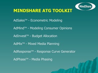 MINDSHARE ATG TOOLKIT AdSales TM  - Econometric Modeling  AdMind TM  - Modeling Consumer Opinions  AdInvest TM  - Budget Allocation  AdMix TM  - Mixed Media Planning  AdResponse TM  - Response Curve Generator  AdPhase TM  - Media Phasing  