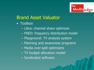 Brand Asset Valuator Toolbox Libra: channel share optimizer FRED: frequency distribution model Playground: TV analysis system Planning and awareness programs Media over-spill optimizers TV budget allocation model Syndicated software 