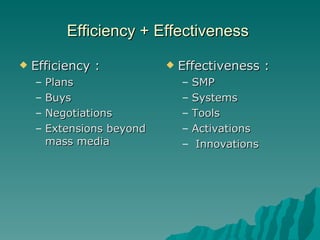 Efficiency + Effectiveness  Efficiency :  Plans Buys Negotiations Extensions beyond mass media Effectiveness :  SMP Systems Tools Activations Innovations 