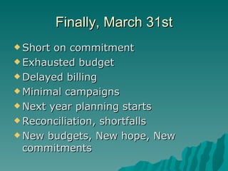 Finally, March 31st Short on commitment Exhausted budget Delayed billing Minimal campaigns Next year planning starts Reconciliation, shortfalls New budgets, New hope, New commitments 
