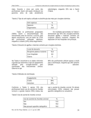 Artigo Científico Avaliação do conhecimento dos cirurgiões-dentistas em relação à biossegurança na prática clínica
Rev. de Clín. Pesq. Odontol., v.2, n.1, ju./set. 2005 20
mãos. Sessenta e cinco por cento dos
profissionais fazem anti-sepsia intrabucal nos
pacientes antes de cada atendimento
odontológico, enquanto 35% não o fazem
(Tabela 2).
Tabela 2 Tipo de anti-séptico utilizado na desinfecção das mãos por cirurgiões-dentistas.
Anti-sépticos %
Sabonete 76,
Degermantes 24,0
Todos os profissionais pesquisados
(100%) fazem a descontaminação dos
instrumentais antes de lavá-los e secá-los, para
depois esterilizá-los, com um índice de 2,76%
dos profissionais utilizando sabonetes,
enquanto o restante (24%) utiliza degermantes.
Os resultados apresentados na Tabela 3
demonstram que 92% dos cirurgiões-dentistas
descartam agulhas e materiais cortantes em
recipiente plástico resistente, enquanto 8%
depositam em lixo hospitalar sem proteção.
Tabela 3 Descarte de agulhas e materiais cortantes por cirurgiões-dentistas.
Local de descarte %
Recipiente plástico resistente 92,0
Lixo Hospitalar 8,0
Outros 0
Na Tabela 4 encontram-se os dados referentes
à questão que determina o tipo de equipamento
utilizado pelo cirurgião-dentista para
esterilização dos instrumentais clínicos.
Observa-se que
80% dos profissionais utilizam apenas a estufa
para a esterilização, enquanto que 20% somente
utilizam autoclave.
Tabela 4 Métodos de esterilização.
Equipamento %
Estufa 80%
Autoclave 20%
Conforme a Tabela 5, apenas 12% dos
profissionais fazem uso do avental de chumbo
cervical e a grande maioria (78%) relatou não
usar o avental de chumbo cervical. Os demais
entrevistados (10%) relataram não possuir
aparelho radiográfico no consultório.
Tabela 5 Uso de avental de chumbo cervical.
Uso de avental de chumbo cervical %
Sim 12,0
Não 78,0
Não possuem aparelho radiográfico 10,0
 