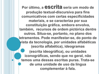 Por último, a escrita seria um modo de produção textual-discursiva para ﬁns comunicativos com certas especiﬁcidades materiais, e se caracteriza por sua constituição gráﬁca, embora envolva, também,  recursos de ordem pictórica dentre outros. Situa-se, portanto, no plano dos letramentos. Pode manifestar-se, do ponto de vista da tecnologia, por unidades alfabéticas (escrita alfabética), ideogramas (escrita ideográﬁca), ou unidades iconográﬁcas, sendo que no geral, não temos uma dessas escritas puras. Trata-se de uma unidade de uso da língua complementar à fala.