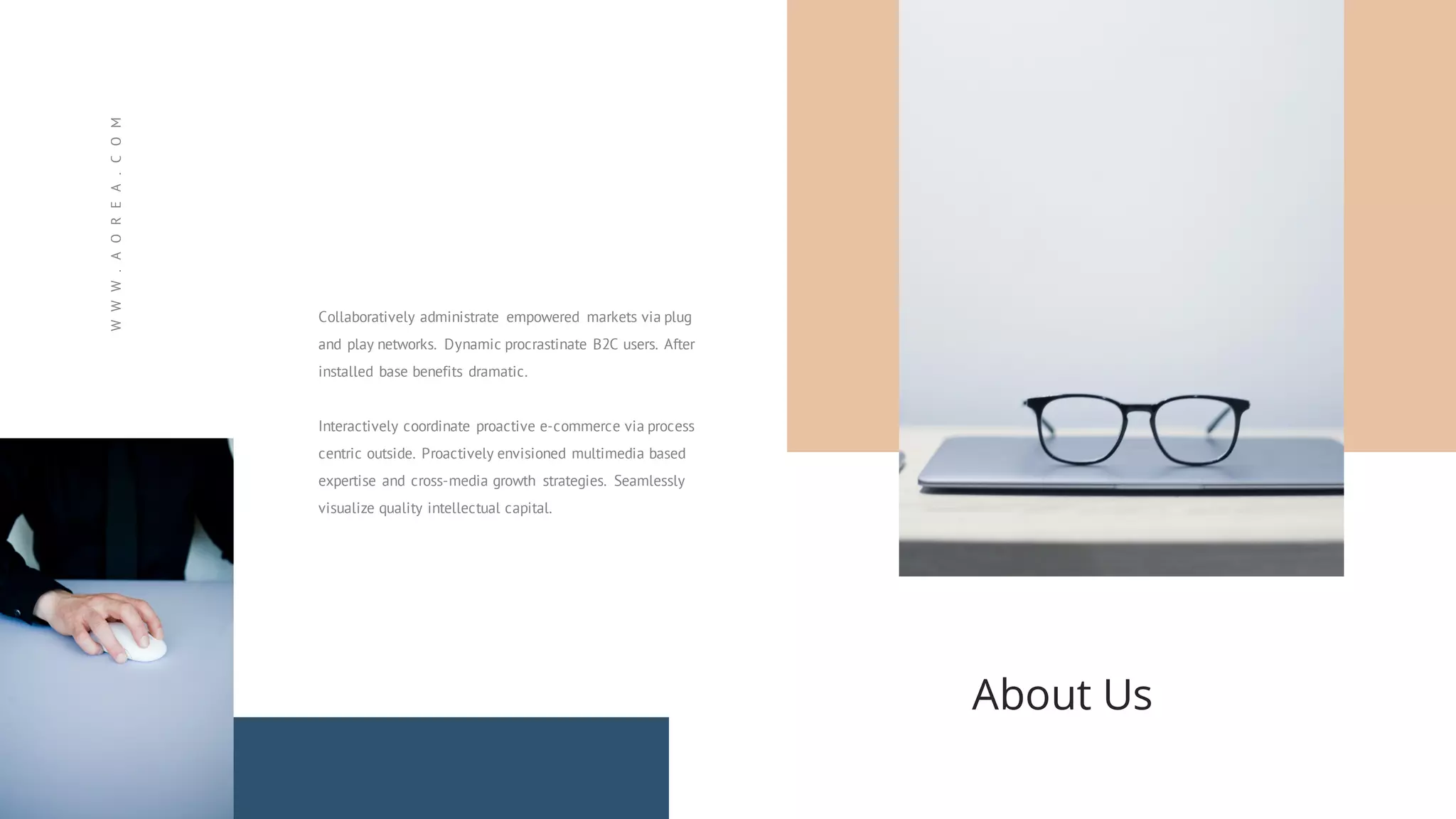 About Us
Collaboratively administrate empowered markets via plug
and play networks. Dynamic procrastinate B2C users. After
installed base benefits dramatic.
Interactively coordinate proactive e-commerce via process
centric outside. Proactively envisioned multimedia based
expertise and cross-media growth strategies. Seamlessly
visualize quality intellectual capital.
WWW.AOREA.COM
 