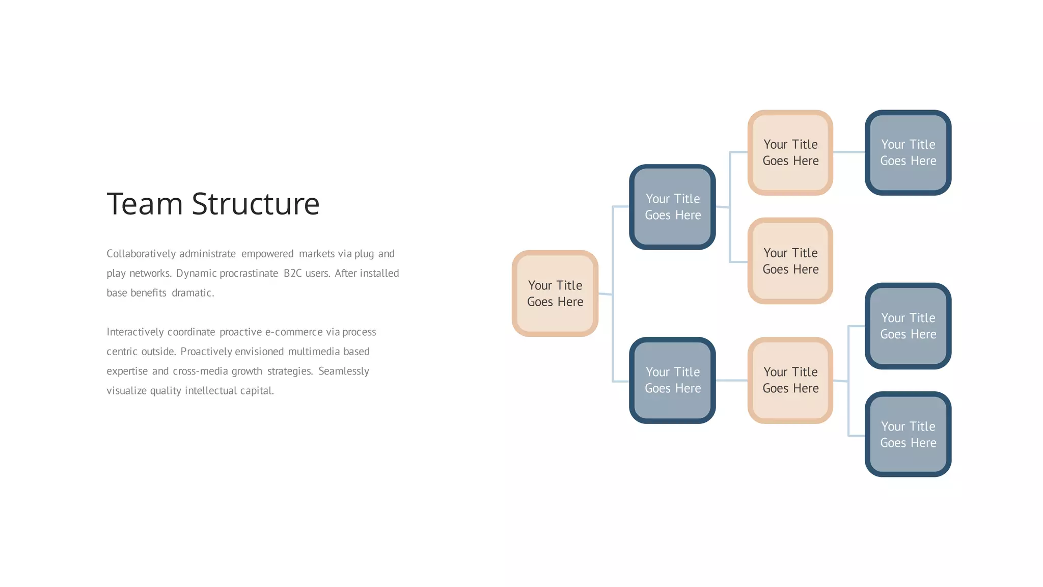 Collaboratively administrate empowered markets via plug and
play networks. Dynamic procrastinate B2C users. After installed
base benefits dramatic.
Interactively coordinate proactive e-commerce via process
centric outside. Proactively envisioned multimedia based
expertise and cross-media growth strategies. Seamlessly
visualize quality intellectual capital.
Team Structure
Your Title
Goes Here
Your Title
Goes Here
Your Title
Goes Here
Your Title
Goes Here
Your Title
Goes Here
Your Title
Goes Here
Your Title
Goes Here
Your Title
Goes Here
Your Title
Goes Here
 