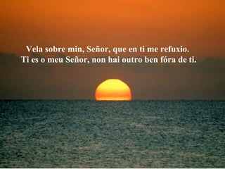 Vela sobre min, Señor, que en ti me refuxio.  Ti es o meu Señor, non hai outro ben fóra de ti. 