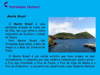 Património Natural
Monte Brasil
O Monte Brasil é uma
península situada na costa sul
da Ilha, em cujo istmo e costa
adjacente se localiza a cidade
de Angra.
Pelo Monte Brasil são
formadas duas baías: a Baía de
Angra e a Baía da Silveira/do
Fanal.
O Monte Brasil é um vulcão extinto que teve origem no mar.
Actualmente, é composto por uma caldeira rodeada por quatro picos -
o Pico das Cruzinhas, o Pico do Facho, o Pico da Vigia da Baleia e o
Pico do Zimbreiro – e encontra-se classificado como Reserva Natural.
 