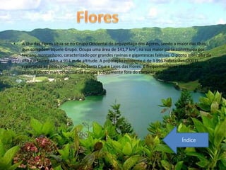 •   A Ilha das Flores situa-se no Grupo Ocidental do arquipélago dos Açores, sendo a maior das ilhas
    que compõem aquele Grupo. Ocupa uma área de 141,7 km², na sua maior parte constituída por
    terreno montanhoso, caracterizado por grandes ravinas e gigantescas falésias. O ponto mais alto da
    ilha é o Morro Alto, a 914 m de altitude. A população residente é de 3 995 habitantes (2001),
    repartindo-se pelos concelhos de Santa Cruz e Lajes das Flores. É frequentemente considerada
    como o ponto mais ocidental da Europa (obviamente fora do continente europeu).




                                                                                      Índice
 