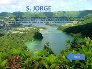 •   A Ilha de São Jorge, situa-se no centro do Grupo Central do Arquipélago dos Açores, separada da
    Ilha do Pico por um estreito de 15 km - o Canal de São Jorge. A ilha tem 53 km de comprimento e
    8 km de largura, sendo a sua superfície total de 237,59 km² com uma população de 10 500
    habitantes (2001).




                                                                                      Índice
 