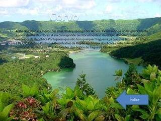 •   A ilha do Corvo é a menor das ilhas do Arquipélago dos Açores, localizando-se no Grupo Ocidental,
    a norte da Ilha das Flores. A ela corresponde territorialmente o município do Corvo, o único dos
    concelhos da República Portuguesa que não tem qualquer freguesia, já que, nos termos do artigo
    136.º do Estatuto Político-Administrativo da Região Autónoma dos Açores, este nível de divisão
    territorial não existe na ilha. As funções dos órgãos de freguesia são assumidos pelos
    correspondentes órgãos municipais.




                                                                                      Índice
 